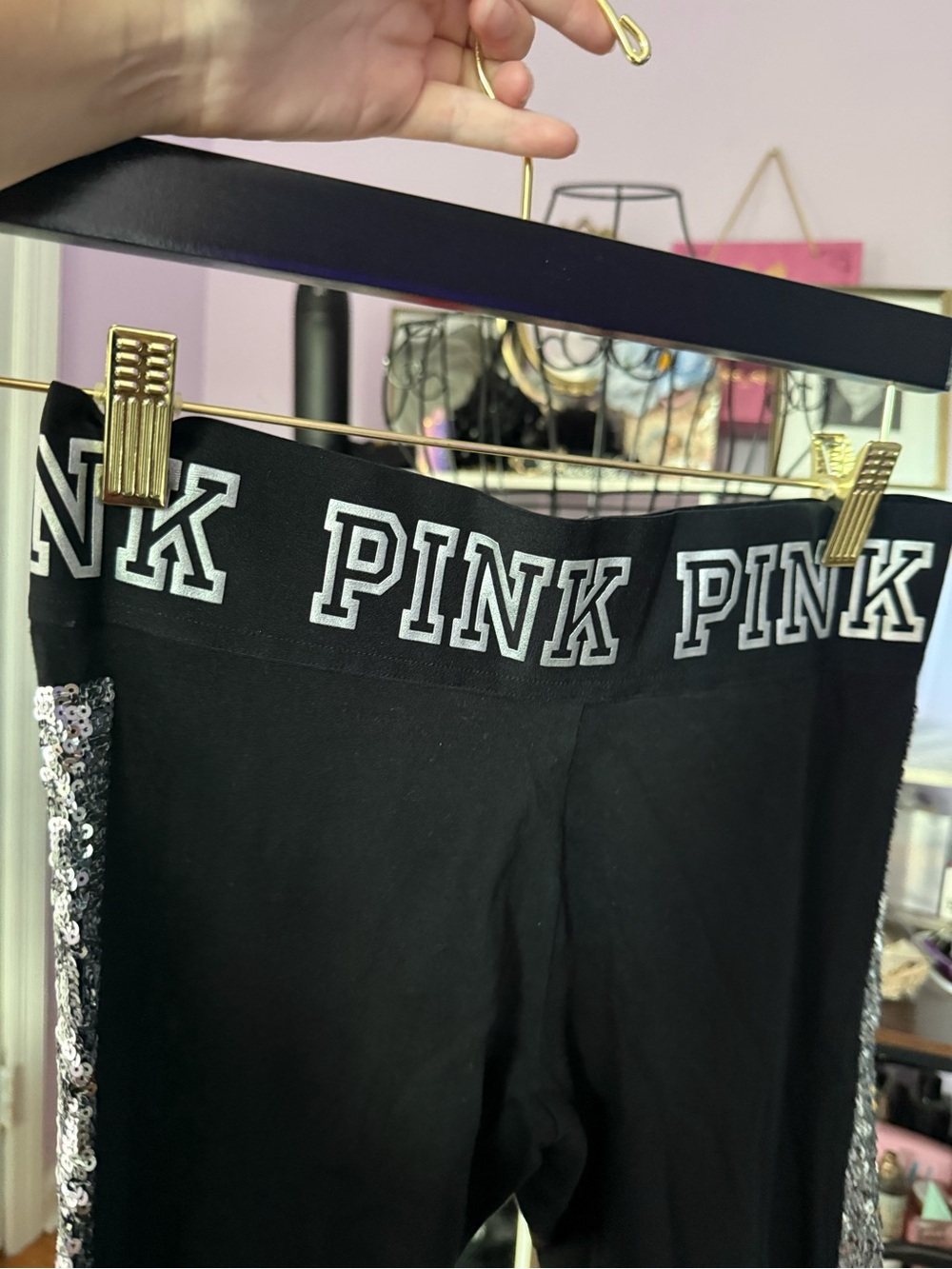 PINK Victoria's Secret Black Leggings with Silver Sequin Side Stripes - Picture 8 of 10